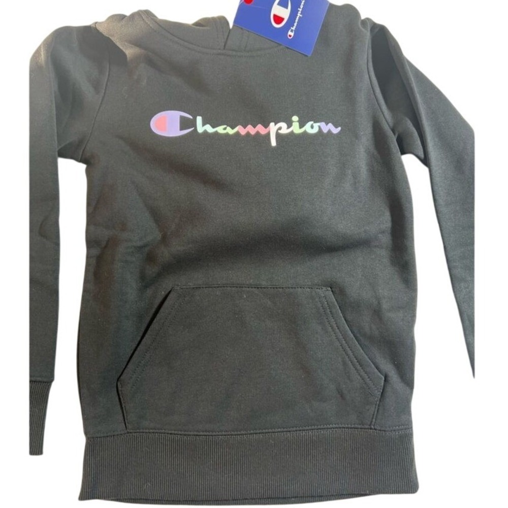 Champion Kids Black Hoodie Pastel Rainbow Script Logo Pullover Size 8 NWT